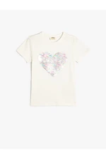 Koton T-Shirt Sequined Sequined Heart Crew Neck Cotton