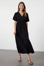 Trendyol Black Plain Maxi Double Breasted Skirt Ruffle Textured Short Sleeve Flexible Knitted Maxi Dress Knit Dress