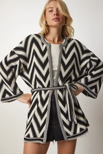 Happiness İstanbul Women's Black Cream Belted Knitwear Cardigan