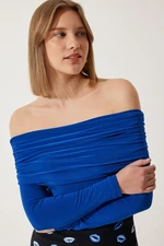 Happiness İstanbul Women's Cobalt Blue Off-the-Shoulder Gather Detailed Blouse