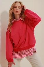 Trend Alaçatı Stili Women's Fuchsia Crew Neck Oversize Basic Sweatshirt