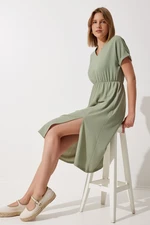 Happiness İstanbul Women's Green V-Neck Slit Summer Casual Knitted Dress