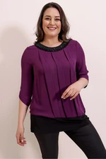 By Saygı Plus Size Chiffon Blouse with Beaded Collar and Front Pleated