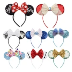 Mickey Mouse Ears Headband Princess Festival Red Plaid Hairband Kids Sequin Bow Female Party Headwear Cute Hair Accessories