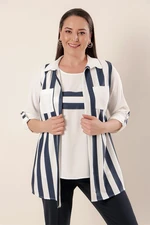 By Saygı Fold-over sleeves with pockets, Striped Jacket Plus Size Viscose 2-pack Set Navy Blue.