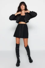 Trendyol Black Crepe Eyelet Detailed Pleated Mini, Stretchy Knitted Skirt