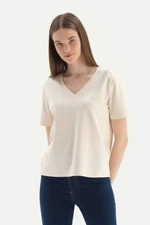 Dagi Ecru V-Neck Interlock Cotton Short Sleeve T-Shirt