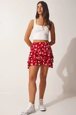 Happiness İstanbul Women's Dark Red Patterned Ruffle Viscose Shorts Skirt