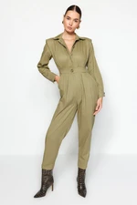 Trendyol Khaki Padded Shoulder Shirt Collar Woven Overalls Playsuit