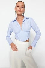 Trendyol Blue and White Striped Poplin Shirt with Corset Detailed