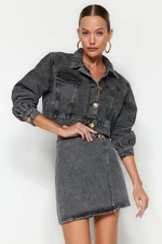 Trendyol Anthracite Button Detailed Crop Denim Jacket