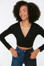 Trendyol Black Double Breasted Collar Fitted/Skinned Crop, Flexible Knitted Blouse