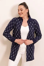 By Saygı Checkered Patterned Acrylic Sweater with Pocket Plus Size Cardigan, Navy Blue.