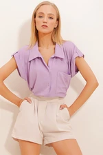 Trend Alaçatı Stili Women's Lilac Double Cuffed Short Sleeve Textured Shirt