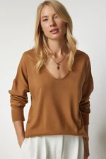 Happiness İstanbul Women's Biscuit V-Neck Thin Knitwear Sweater