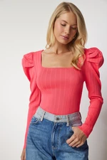 Happiness İstanbul Women's Pink Square Collar Corduroy Knitwear Blouse