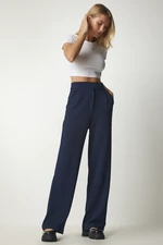 Happiness İstanbul Women's Navy Blue Velcro Waist Comfortable Woven Trousers