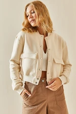 XHAN Cream Snap Buttons Crop Bomber Jacket