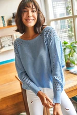 Olalook Women's Baby Blue Openwork Bat Oversize Knitwear Sweater