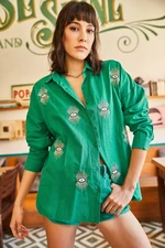 Olalook Women's Grass Green Sequin Detailed Woven Boyfriend Shirt