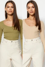 Trendyol Khaki-Beige 2-Pack V-Neck Fitted/Sleepy Cotton Knitted Blouse