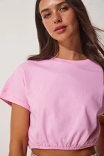 Happiness İstanbul Women's Pink Crop T-Shirt with Elastic Waist