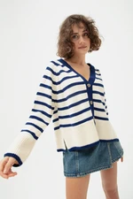 Lafaba Women's Navy Blue Gold Buttoned Striped Knitwear Cardigan