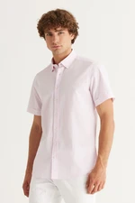 AC&Co / Altınyıldız Classics Men's Pink Slim Fit Slim Fit Shirt with Hidden Buttons Collar 100% Cotton See-through Pattern Short Sleeve Shirt.