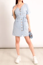 armonika Women's Baby Blue Buttoned Belted Collar Detail V-Neck Dress