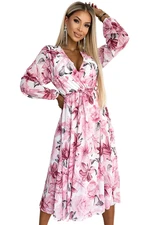 Chiffon midi dress with long sleeves and neckline - white with light pink flowers