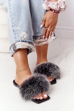 Leather flip-flops with fur black-white Love You So So