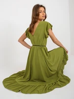 Olive dress with ruffle and braided belt