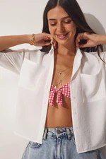 Happiness İstanbul Women's White Crop Shirt with Pockets Aerobatics DX0009