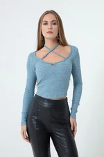 Lafaba Women's Blue Knitted Crop with Metallic Accessories