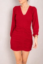 armonika Women's Red Skirt Gather Detailed V-Neck Silvery Mini Dress