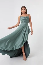 Lafaba Women's Mint Green Evening Dress &; Prom Dress with Ruffles and a Slit in Satin