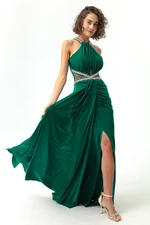 Lafaba Women's Emerald Green Stone Detailed Tail Long Evening Dress