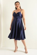 Lafaba Women's Navy Blue Rope Strap Waist Belted Satin Midi Plus Size Evening Dress