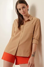 Bigdart 3952 Buttoned Back Boyfriend Shirt - Biscuit