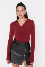 Trendyol Burgundy Slim Gathered Polo Neck flexibilná pletená blúzka