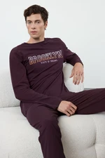 Trendyol Men's Dark Purple Regular Fit Printed Knitted Pajama Set