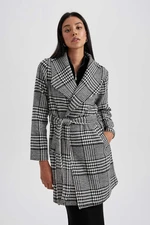 DEFACTO Regular Fit Plaid Double Breasted Collar Pocket Belted Cashmere Coat