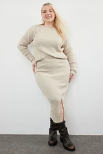 Trendyol Curve Beige Knitwear Plus Size Bottom-Top Set