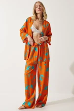 Happiness İstanbul Women's Sky Blue Orange Patterned Kimono Palazzo Trousers Set