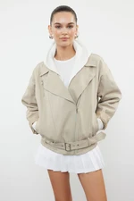 Trendyol Beige Oversize Belted Gabardine Biker Slim Jacket Coat