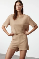 Trendyol Beige Ribbed Knitted Pajama Set