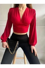 53841 Dewberry Deep Low-cut Waist Banded Crop Blouse-RED