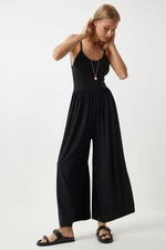 Happiness İstanbul Women's Black Strap Wide Leg Summer Knitted Jumpsuit