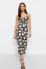 Trendyol Black Floral Pattern inges A-Line Midi Sweetheart nyakpántok, rugalmas kötött ruha