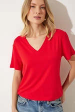 Happiness İstanbul Women's Red V-Neck Basic Viscose Knitted T-Shirt